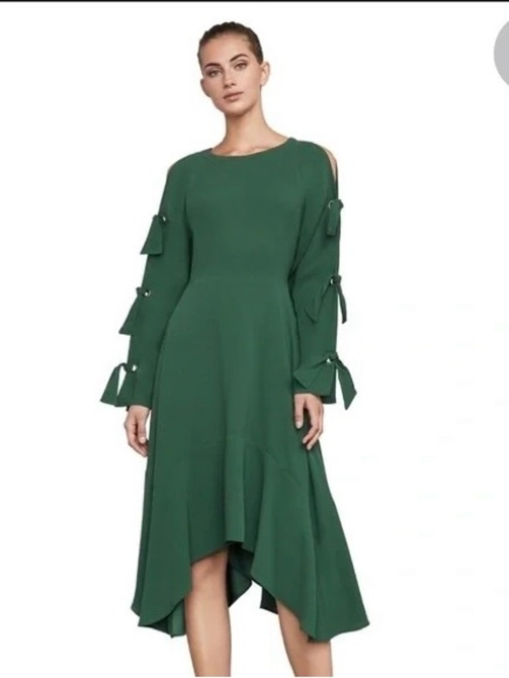 BCBGMAXAZRIA Cicely Emerald Green Asymmetrical Tie Sleeve Dress Size 6